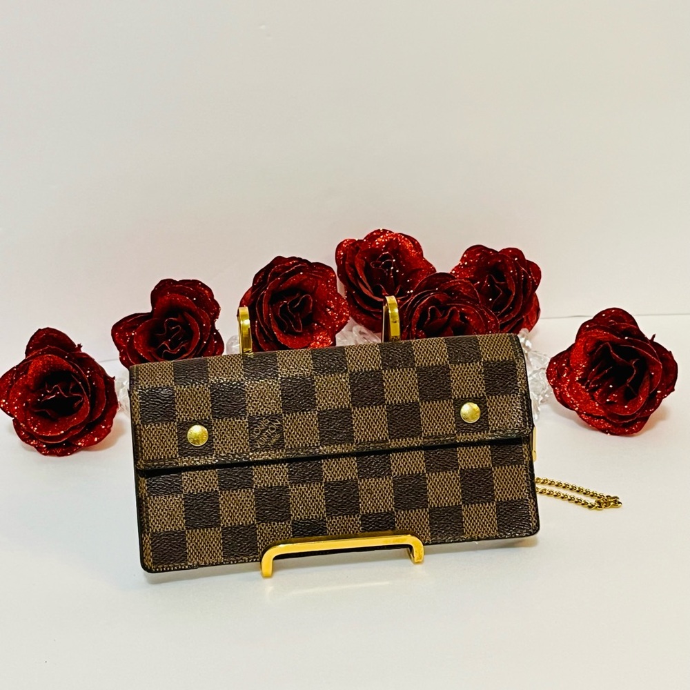 Louis Vuitton Brown Damier Ebene Wallet on Chain with Gold Hardware